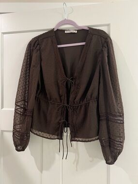 Abercrombie & Fitch Brown Swiss Dot Tie-Front Blouse